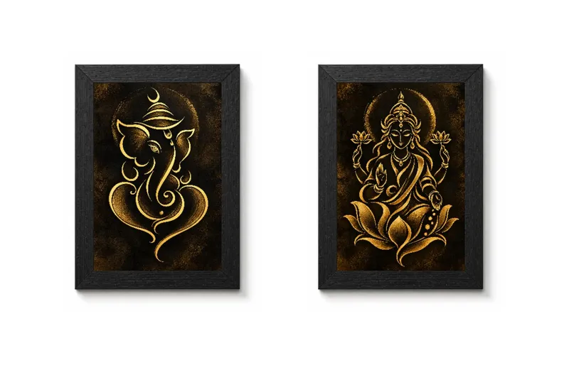 Ganesha & Lakshmi Framed Wall Art Combo – Set of 2 (6x9 inch, No Glass)