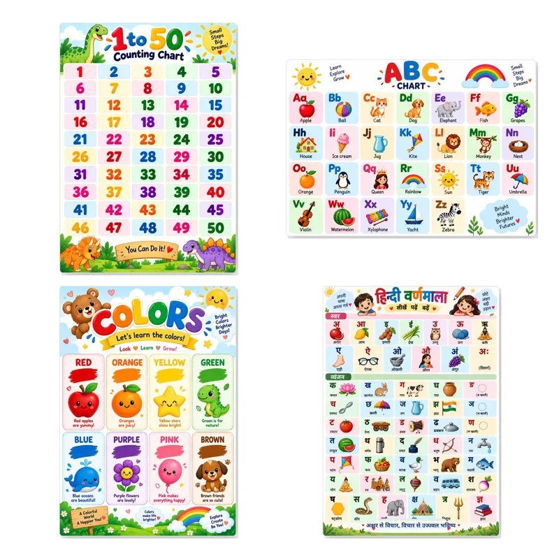 Kids Learning Charts – A3 Set of 4 (ABC, Numbers, Colors, Hindi)
