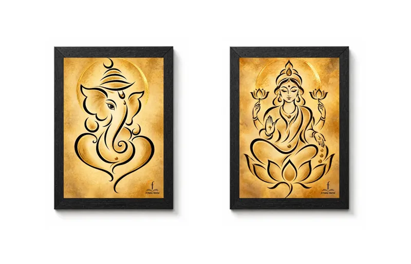 Ganesha Lakshmi Gold Line Framed Wall Art – Set of 2 (6x9 inch)