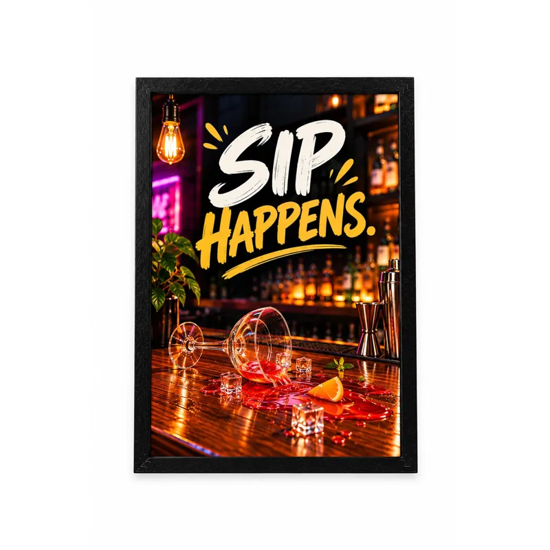 Sip Happens – Funny Bar Poster, Framed 12x18